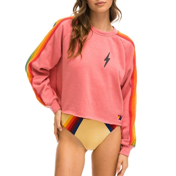 Aviator Nation Classic Cropped Bolt Crew Sweatshirt Colorful Stripe - Picture 2 of 6